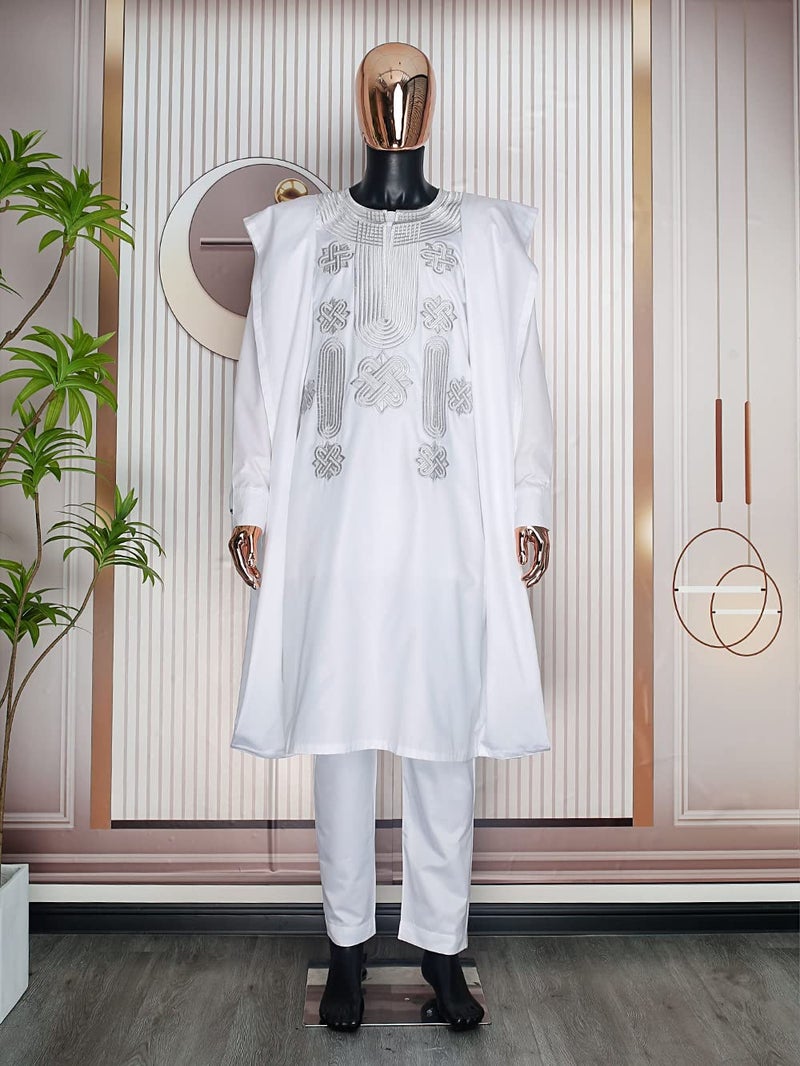 HD African Man Apparel Agbada Clothing Embroidery Dashiki Shirts and Pants White African Outfits for Men 3 Pieces Clothes 4XL - Image 2